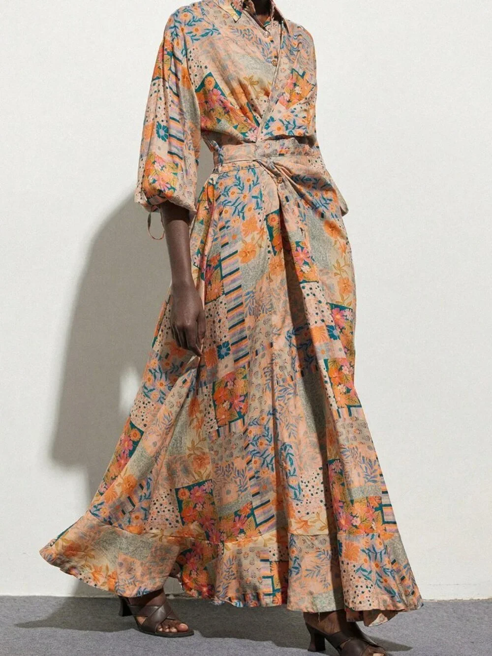 Multicolor Boho Women's Oil Painting Style Print Wrap Front Tie Waist Dress